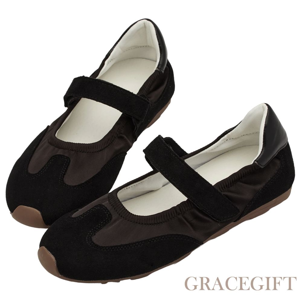 【Grace Gift】輕盈芭蕾緞面拚接芭蕾舞運動鞋 黑