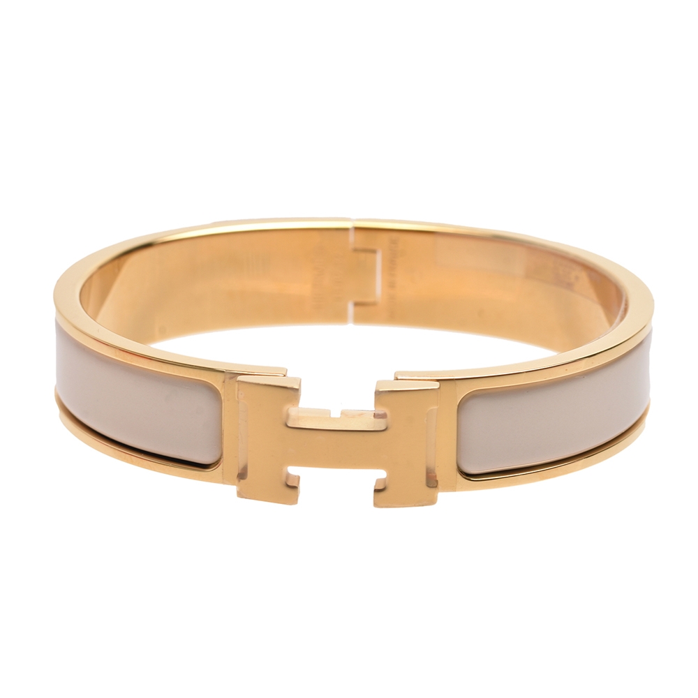 HERMES Clic H LOGO琺瑯細版手環(奶油白/金)