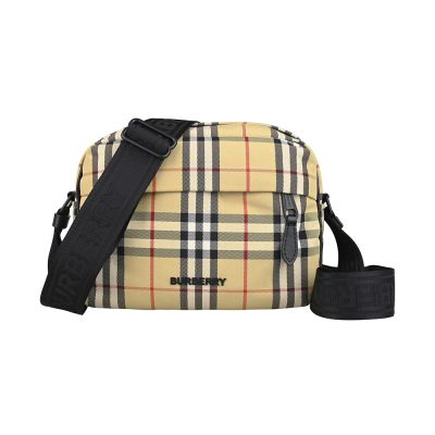 BURBERRY Paddy立體黑字LOGO設計拼接格紋尼龍拉鍊斜背包(男款/典藏米)