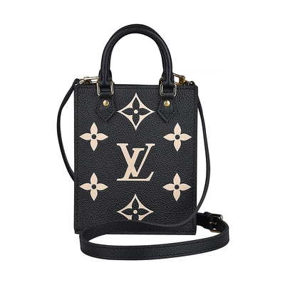 LOUIS VUITTON路易威登 LV M81416 PETIT SAC PLAT壓花LOGO Monogram Empreinte牛皮手提斜背包(迷你/黑x米)