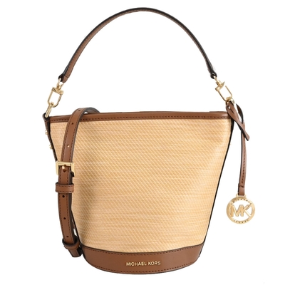 MICHAEL KORS TOWNSEND 浮雕金屬LOGO草編造型兩用包/水桶包(咖)