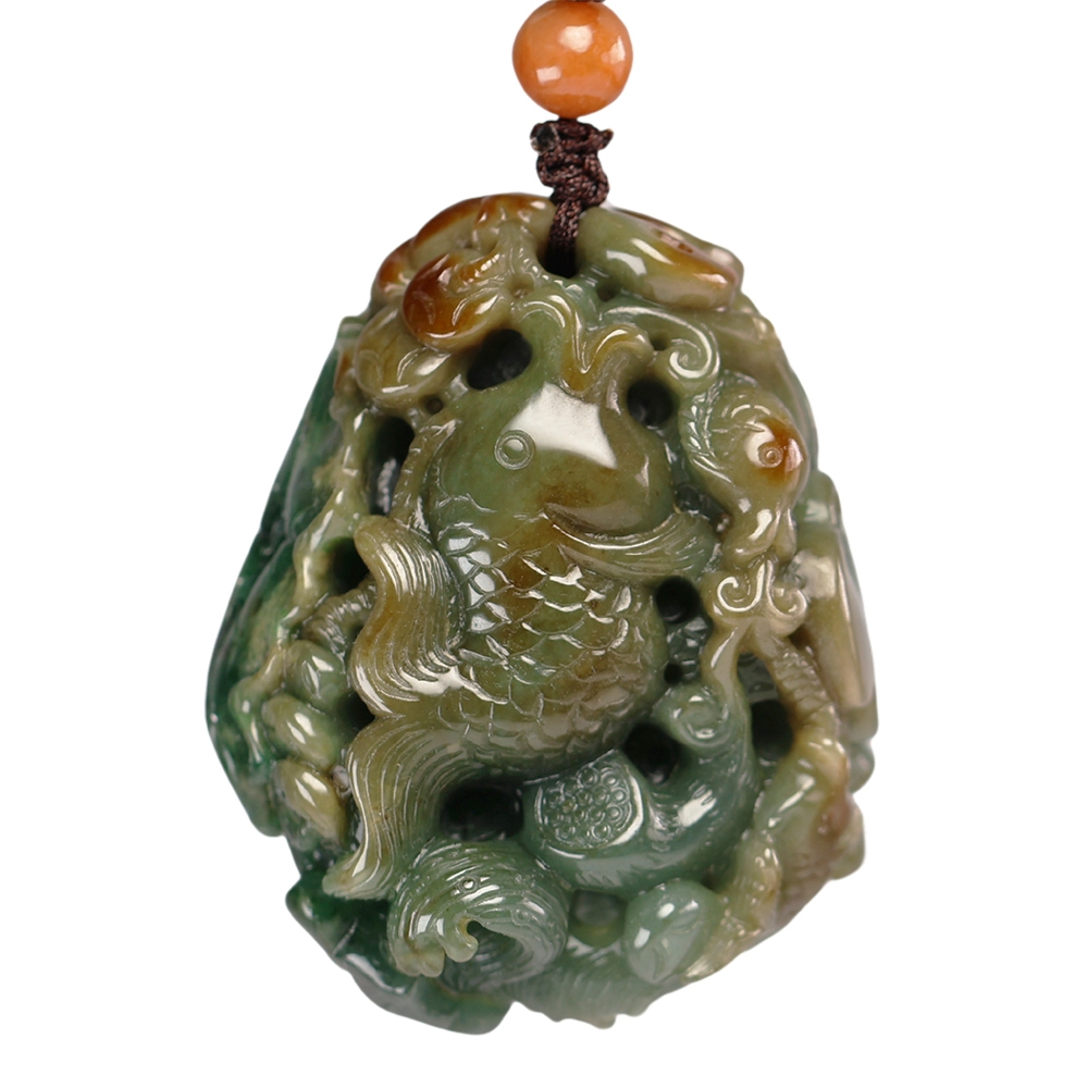 漢石齋】天然翡翠A貨塘鯉清蓮玉珮吊墜油青種帶紅翡(44*51*28mm