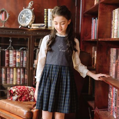 Annys安妮公主-童裝 水鑽芭蕾女孩秋冬款細線格紋拼接無袖洋裝*2238藍色