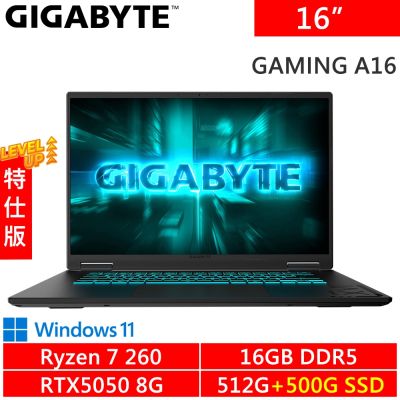 技嘉 GAMING A16 3THK3TW893SH-SP1 16吋 黑(AMD Ryzen 7 260/16G DDR5/512G+500G SSD/RTX5050 8G/W11)特仕機