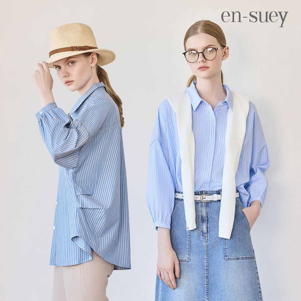 【en-suey 銀穗】網路限定 後開洞條紋剪接活褶拋袖襯衫 (藍色)