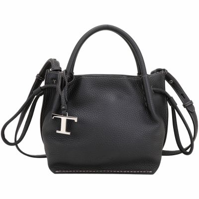 TOD S 小型 T字 荔紋牛皮手提/斜背抽繩水桶包(黑色)