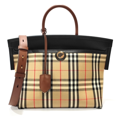 BURBERRY 巴寶莉 巴寶莉 80231241 經典Society Vintage系列格紋拼接皮革手提/斜背肩背兩用包 (全新展示品-黑色)
