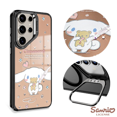 三麗鷗 Samsung S25/S24/S23系列 軍規防摔合金框隱形立架鏡面彩鑽手機殼-雪花大耳狗-黑框