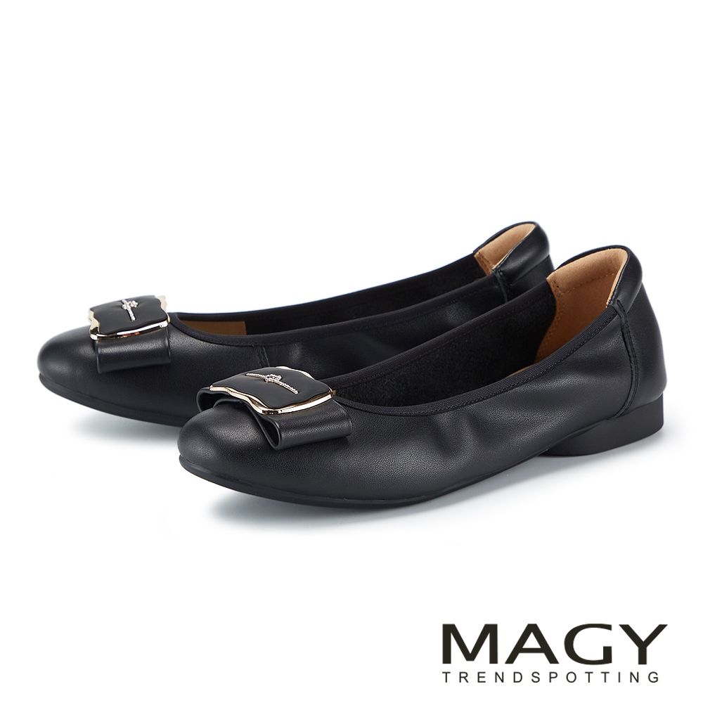 MAGY 牛皮金屬蝴蝶結質感平底鞋 黑色