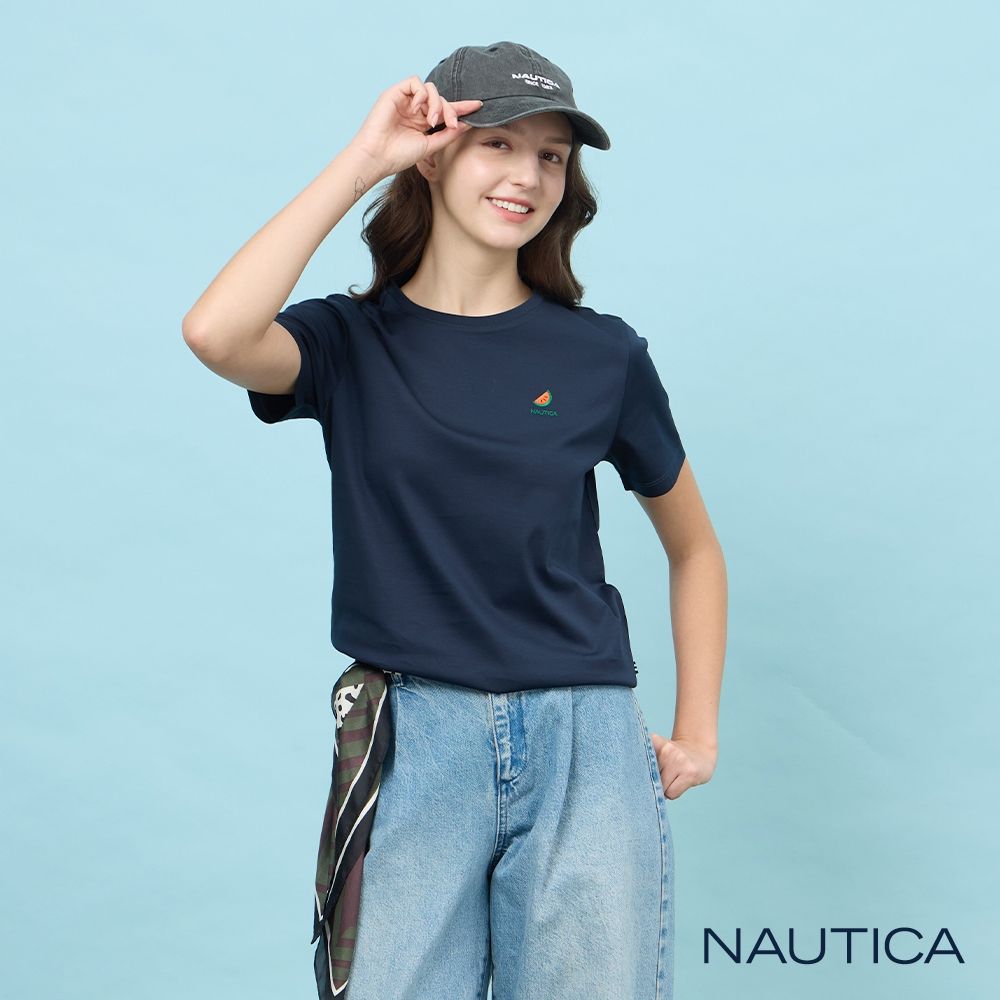 NAUTICA 官方旗艦 女裝 西瓜圖騰刺繡涼感短袖T恤-深藍色