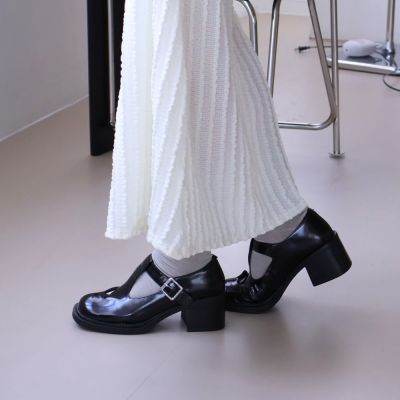 WYPEX 法式方頭粗跟真皮瑪莉珍鞋女鞋 增高鞋