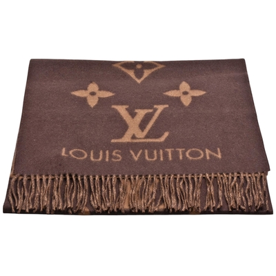 LOUIS VUITTON路易威登 LV M78125 Reykjavik雙面Monogram織花喀什米爾流蘇披巾/圍巾(深棕色)