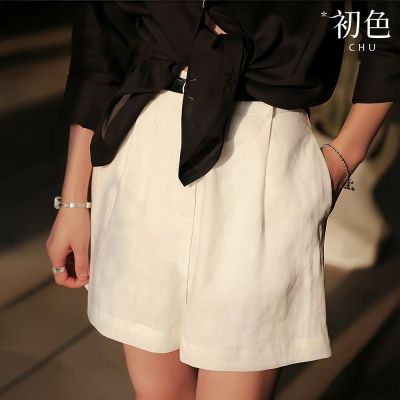 初色 簡約純色門襟拉鍊高腰闊腿西裝短褲休閒褲寬褲短褲-共2色-14906(M-XL可選)