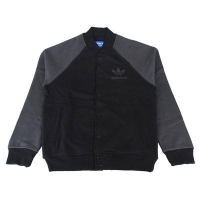 adidas 胸前三葉草LOGO插接袖雙色設計感釦式棉夾克外套(男款/黑x灰)