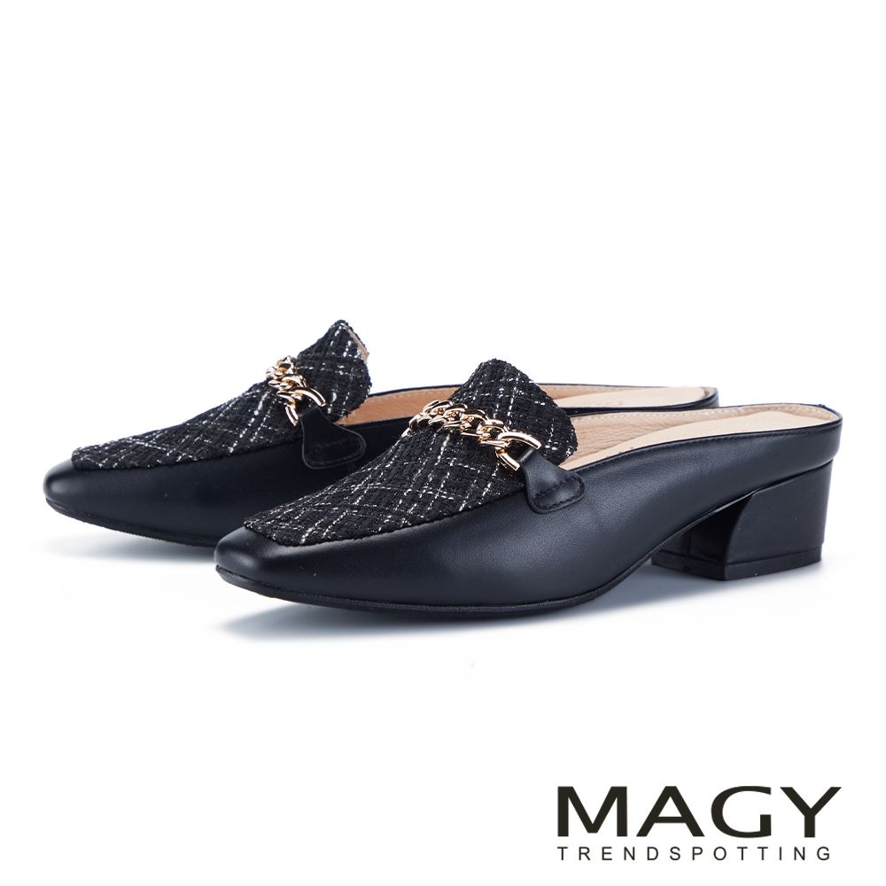 MAGY 精選金屬串鍊牛皮低跟穆勒鞋 黑色