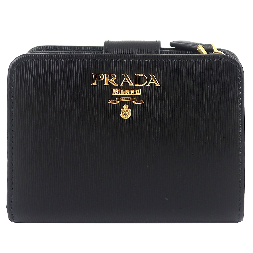 PRADA 普拉達 黑色金字縱紋牛皮翻蓋拉鍊短夾(5卡)