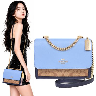 COACH 藍色撞色拼接防刮皮革鍊帶斜背包