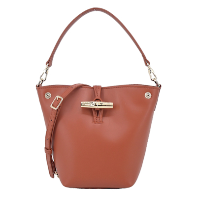 LONGCHAMP LE ROSEAU系列金屬竹節滑面小牛皮兩用水桶包(迷你/樹皮紅)
