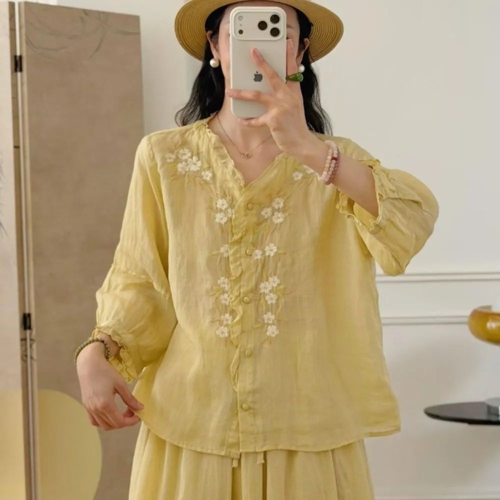 【LANNI 藍尼】★文藝刺繡透氣棉麻襯衫(女裝/女上衣/棉麻衫/休閒/優雅/日系/通勤) (黃)