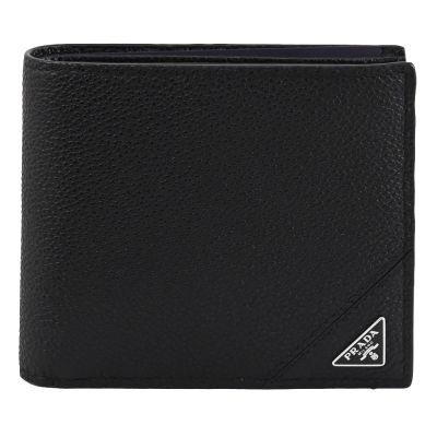 PRADA 經典三角LOGO荔枝牛皮對開式零錢短夾(黑)