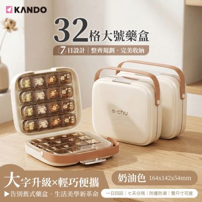 Kando 32格大號藥盒 大號 密封防潮 8條 4分格 藥品收納盒 PP+ABS 材質 e.chu-32B