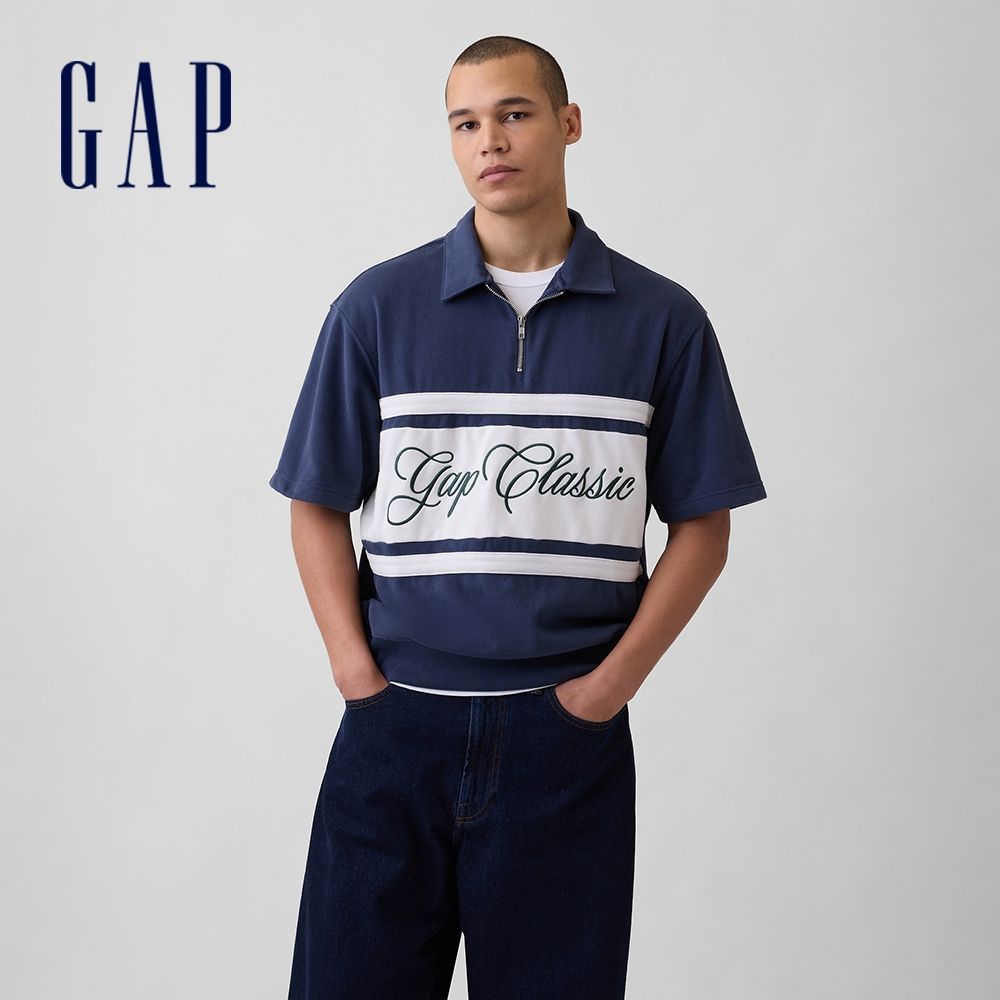 【GAP】VintageSoft 毛圈布 Gap 經典 Logo 四分之一拉鍊上衣-復古深藍(898685) (復古深藍)
