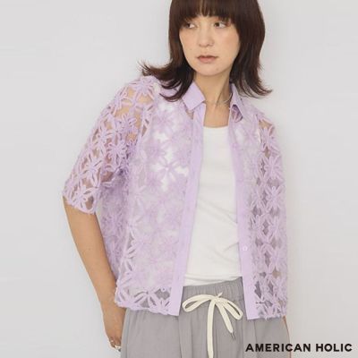 〔AMERICAN HOLIC〕立體花朵蕾絲透明短袖襯衫