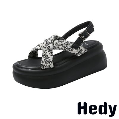 HEDY 厚底涼鞋/復古變形蟲圖騰交叉布面鬆糕厚底涼鞋 白