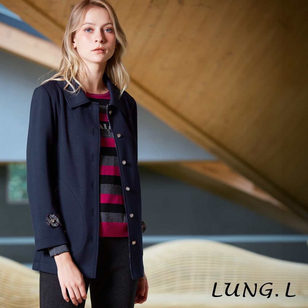 LUNG.L林佳樺 藍色拼接格紋長版長袖女裝外套 LU27C