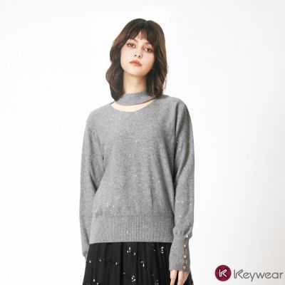 KeyWear奇威名品 前簍空設計袖扣細閃長袖針織毛衣(共3色)-灰色