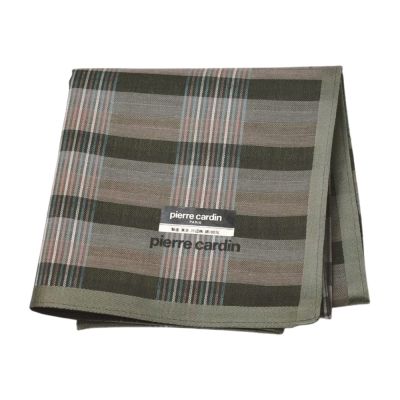 pierre cardin 日本製綠棕格紋字母LOGO帕巾(46CM)