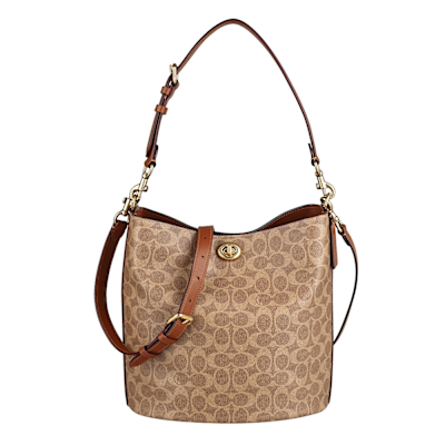 COACH Willow經典雙C字LOGO防潑水帆布牛皮磁吸旋釦手提斜背包(棕褐x焦糖棕)
