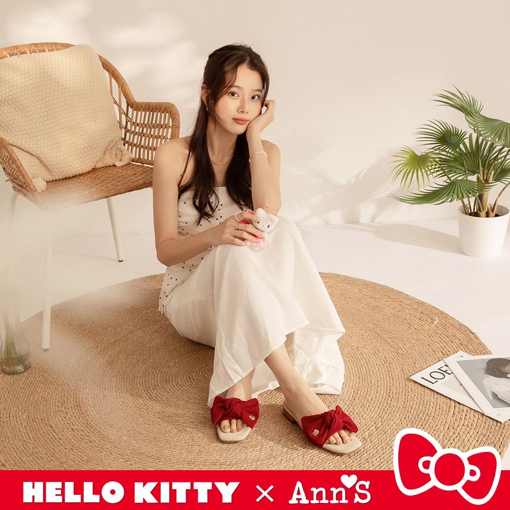 Ann’S X Sanrio三麗鷗 HELLO KITTY 聯名 水洗牛皮 絨布甜美大蝴蝶結方頭涼拖鞋2.5cm-紅