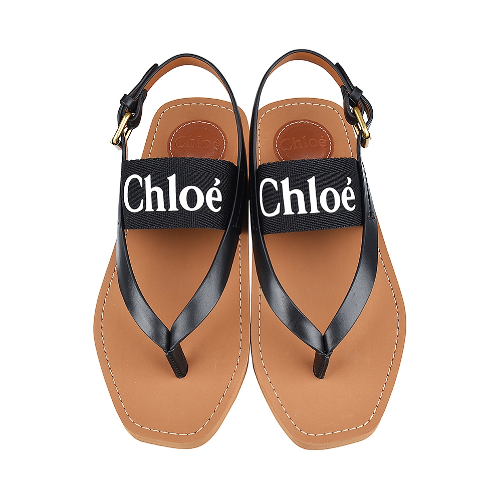 CHLOE WOODY白字LOGO牛皮搭帆布夾腳平底涼鞋(黑) | 精品服飾