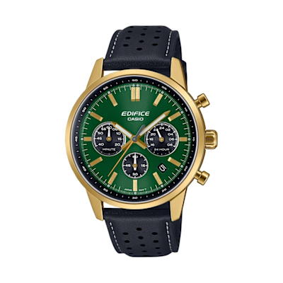 CASIO 卡西歐 EDIFICE 三針三眼 日期顯示窗 奢華金綠 皮革錶帶 標準計時碼錶 球面玻璃設計 EFR-575CL-3A 40.5mm