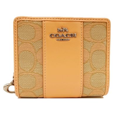 COACH 織布拚牛皮C LOGO字母C鈔票零錢袋短夾(粉橘)