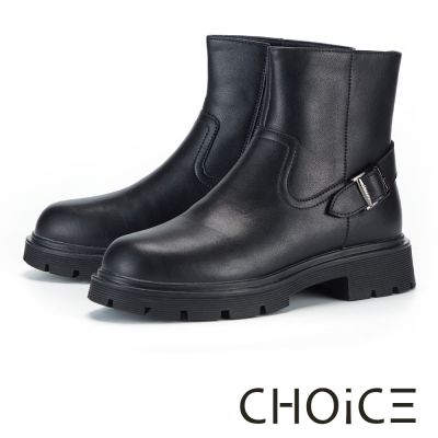 CHOiCE 嚴選真皮皮帶釦厚底短靴  黑色