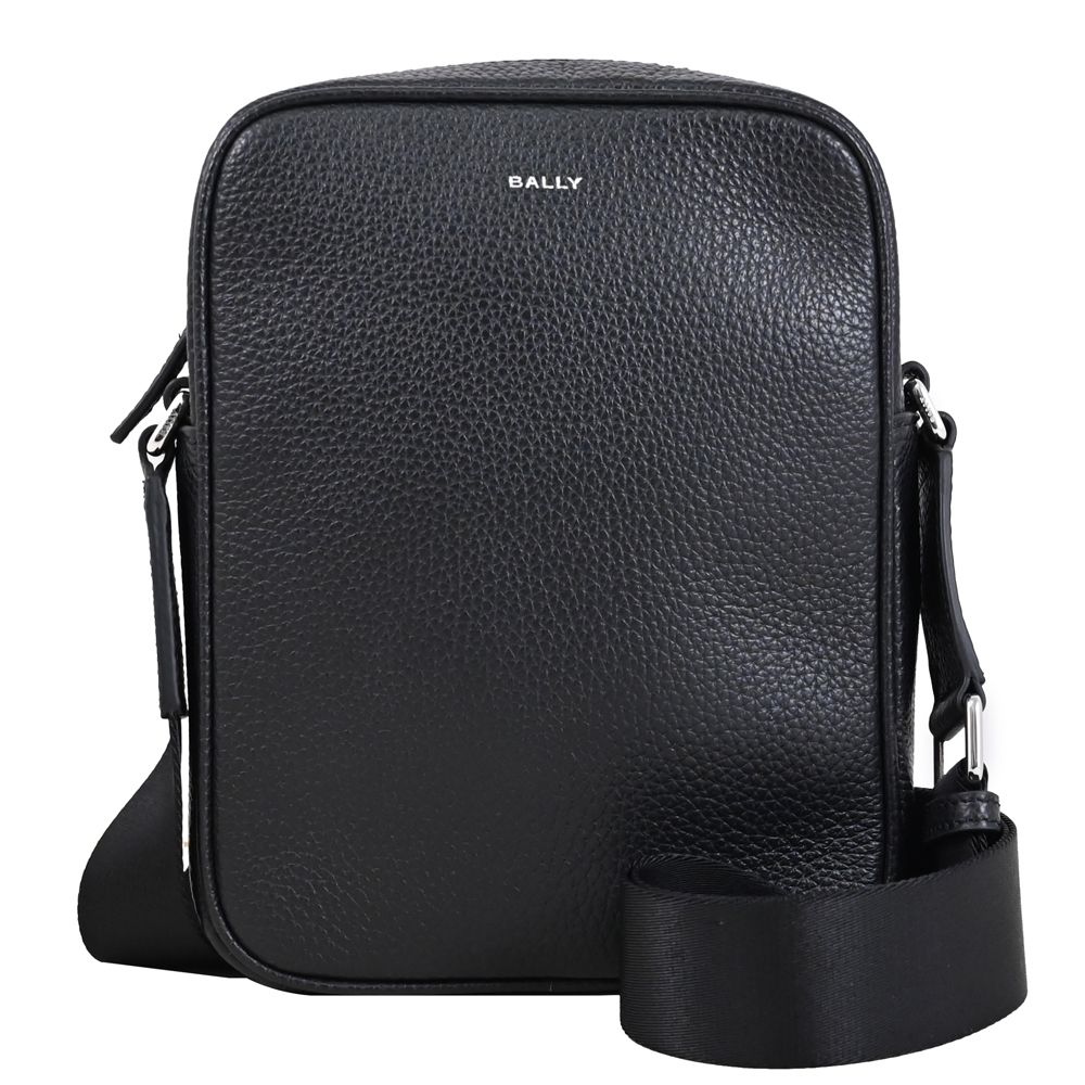 BALLY YORK POUCH 燙印LOGO荔枝牛皮拉鍊直式斜背包(黑)