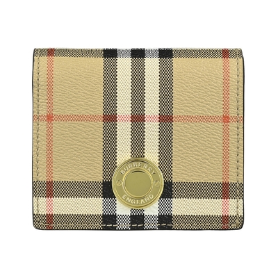 BURBERRY 巴寶莉 金屬壓印LOGO格紋設計PVC 4卡釦式對折短夾(典藏米x棕)