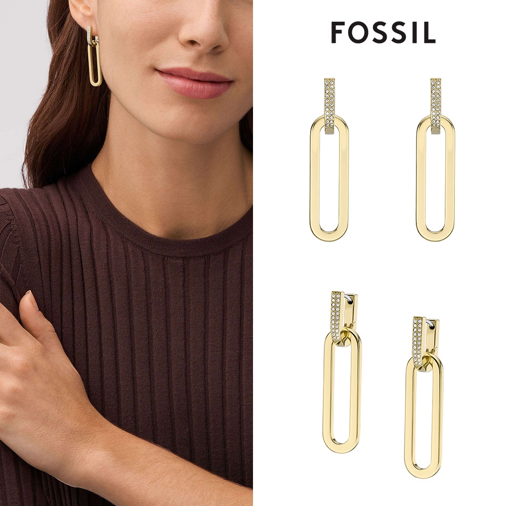 FOSSIL Heritage 可拆式垂墜水鑽耳環-金 JF04587710