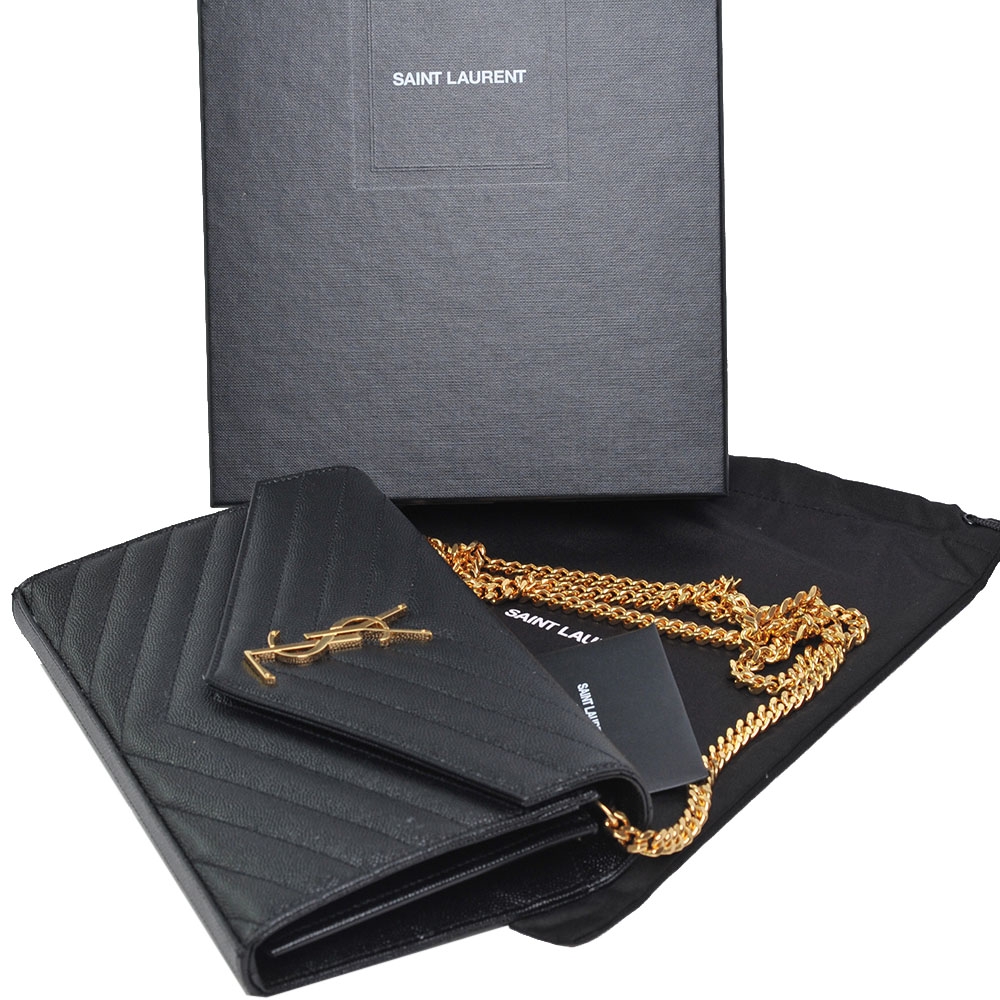 YSL Saint Laurent Monogram V字縫線魚子醬牛皮金LOGO斜肩/手拿