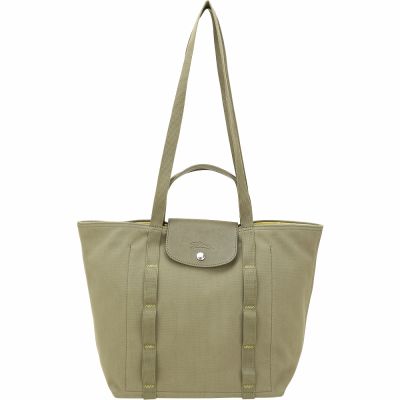 LONGCHAMP Le Pliage Collection 縫線織帶 帆布手提 肩背托特包(地衣綠)