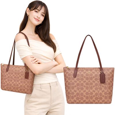 COACH 咖啡棕色大C PVC手提/托特包-中型