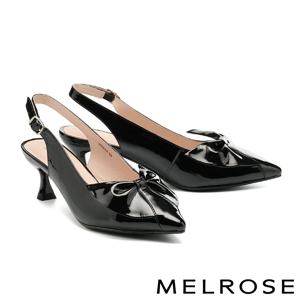 高跟鞋 MELROSE 美樂斯 時尚氣質蝴蝶扭結亮漆皮後繫帶尖頭高跟鞋－黑