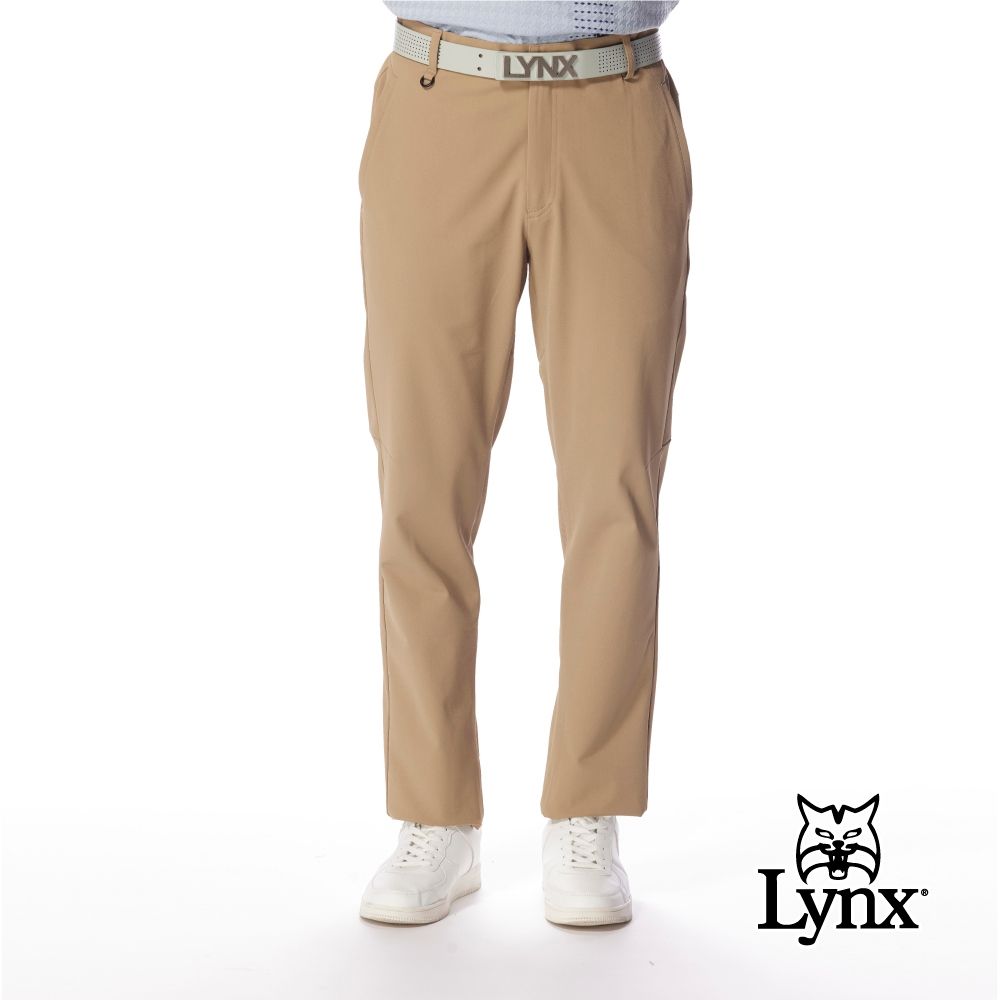 【Lynx Golf】男款日本進口布料抗UV彈性舒適防潑水平口窄管休閒長褲(二色) (深卡其色)