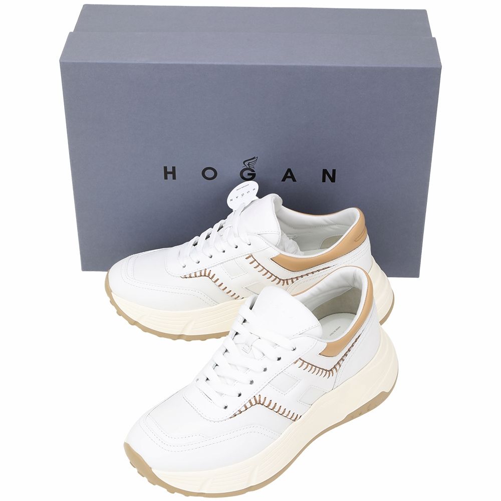 HOGAN Hi-Fi 縫線飾邊字母拼納帕皮革繫帶 增高鞋 厚底運動鞋 (女鞋/白色)