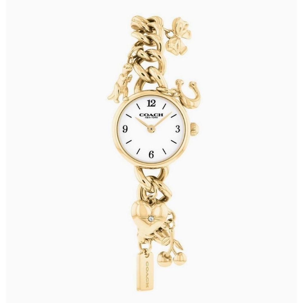 COACH 官方授權 時尚 金色不鏽鋼吊飾 圓型白面造型錶-女錶(CO14504648)22mm