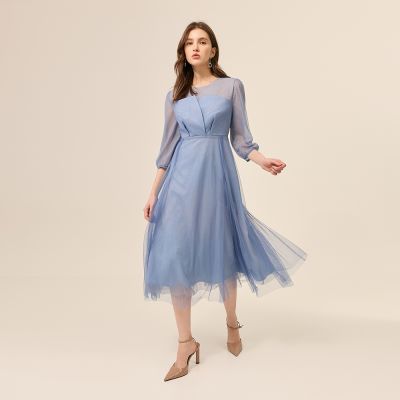 ILEY伊蕾 優雅銀蔥網紗收腰長洋裝禮服(藍；M-2L)