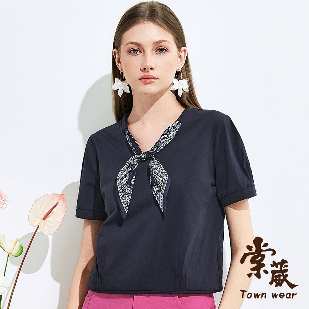 【TOWNWEAR棠葳】氣質領巾蓬袖上衣(女上衣/女上著/領巾/休閒/百搭/短袖) (藍色系)