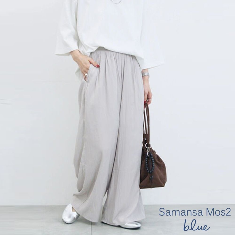〚Samansa Mos2 blue〛緞面褶皺感後鬆緊設計休閒寬褲